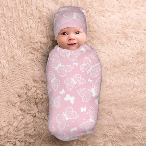 Pink Butterfly Butterflies Newborn Swaddle Blanket Baby Swaddle Blankets Wrap Blanket Soft Stretchy Sack with Beanie Hat Sets Gift for Infant Boy ...