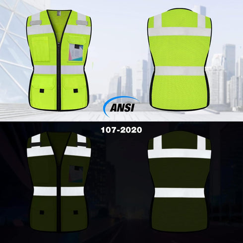 TCCFCCT Women Reflective Vest 11 Pockets High Visibility Mesh Safety Vest for Lady, Neon Construction Work Vest with Zipper, Snug-Fit, Durable wit...