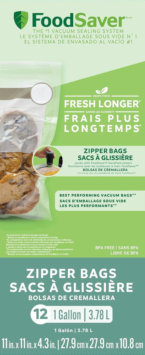 FoodSaver FSFRBZ0316-000 1-Gallon Vacuum Zipper Bags, 12 Count, Multi 2-Pack...