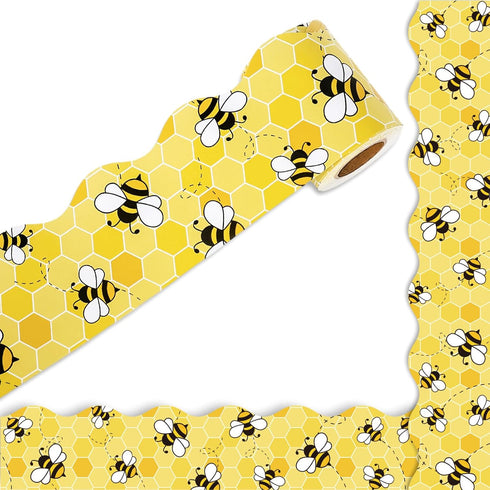 Whaline 32.8Ft Summer Bee Bulletin Board Border Yellow Bee Honeycomb Die Cut Trim Border Roll for Summer Bee Day Home Party Supplies...