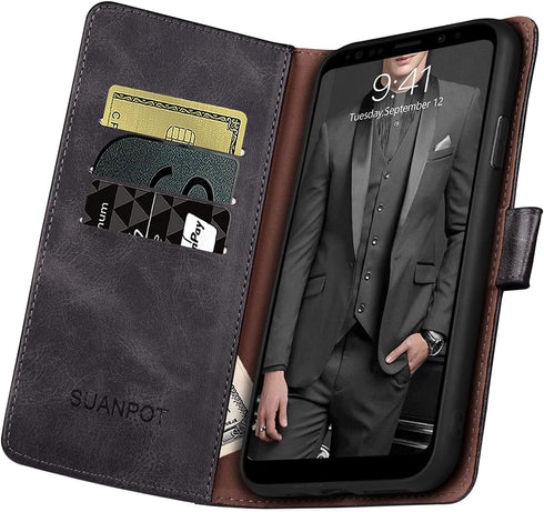SUANPOT for Samsung Galaxy S9 5.8"(Non S9+) with RFID Blocking Leather Wallet case Credit Card Holder,Flip Folio Book Phone case Shockproof Cover ...