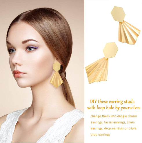 Hicarer 90 Pcs Gold Plated Earring Posts for Jewelry Making Earring Studs with Loop Hole Palm-Leaf Shaped Earring Finding Shell Heart Flower Track...