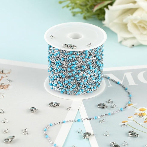 UMAOKANG 33 Feet/10M Stainless Steel Chain for Jewelry Making Light Blue Enamel Beaded Chain Bulk with Lobster Clasps and Jump Rings...