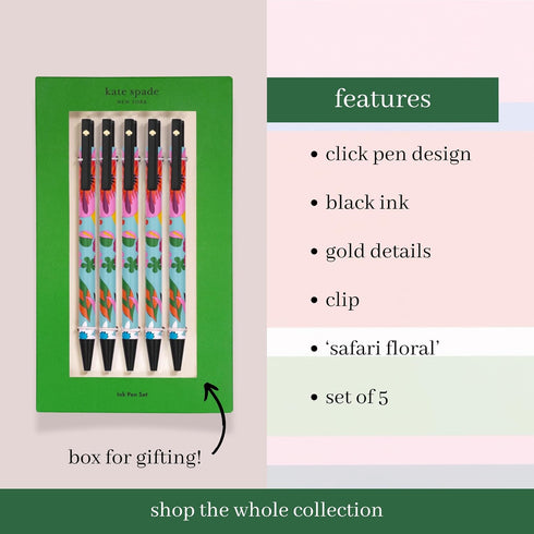 Kate Spade New York Black Ink Pen Set of 5, Cute Click Pens, Plastic Retractable Pens for Writing and Journaling (Safari Floral)...