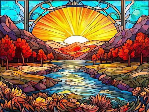 IPISSOI Stained Glass Sunrise Diamond Painting Kits for Adults, Landscape Diamond Art Kits for Beginner, Paint with Diamonds Pictures DIY Full Dri...