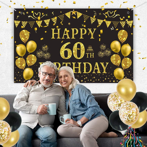 Trgowaul 60th Birthday Backdrop Gold and Black 5.9 X 3.6 Fts Happy Birthday Party Decorations Banner for Women Men Photography Supplies Background...