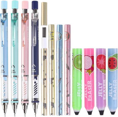 0.9 mm Mechanical Pencil Stationery Set Including 4pcs Mechanical Pencils with 4 Tubes HB Lead Refills and 4pcs Jerry Erasers for Writing Draft, D...