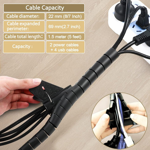 PC Cable Management Sleeve Tube Desk Cord Organizer 2 PCS Black, 7/8 inch -5 ft Cover Wrap Easy to Install Messy Wire Solution for TV Office Compu...