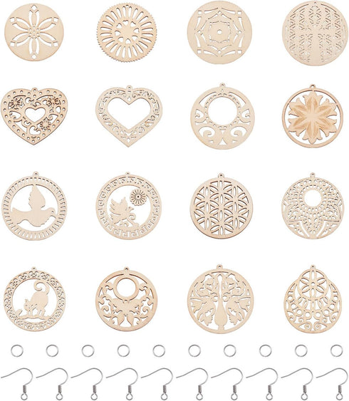 Beadthoven DIY Wood Dangle Earring Making Kit 13 Styles Hollow Filigree Unfinished Wood Pendants Bohemian Earrings Wooden Charms with Earring Hook...