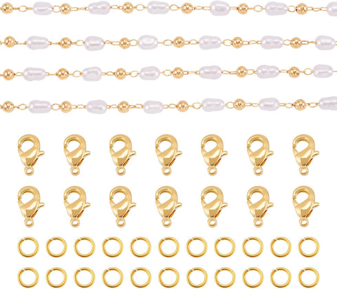Magibeads 1 Yard Imitation Pearl Chain Belt 4.5-5mm Faux Pearl Brass Chain Golden Jewelry Making Chain with Jump Rings Lobster Clasps for Necklace...