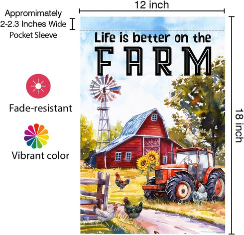 Life Is Better On The Farm - Funny Farm Garden Flag - Red Tractor Design - Harvest Themed Flag - 12x18 Design For Farmer, Off White...