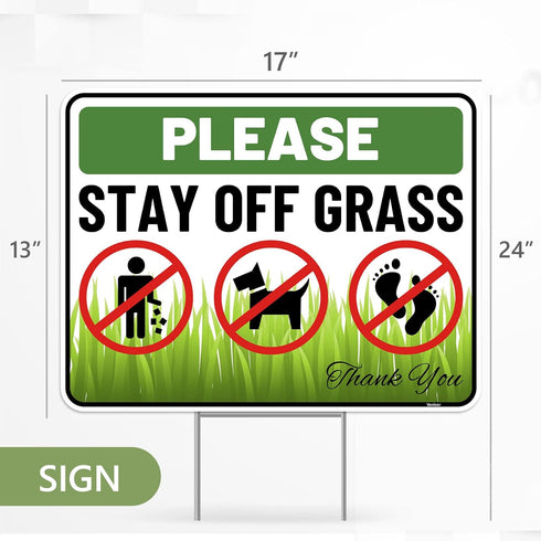 2PC Stay Off Grass Sign with Stake, 17 Inches by 13 Inches - Corrugated Plastic - Keep Off Grass Sign - Dont Walk On Grass Lawn Sign - No Dog Poop...