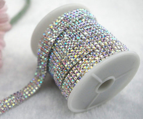 1 Yard 4 Rows SS12 1/2 inches Close Rhinestone Chain Trims Cup Chain Wedding Cake Decoration (Crystal AB Rhinestone+Silver Plated Chain)...