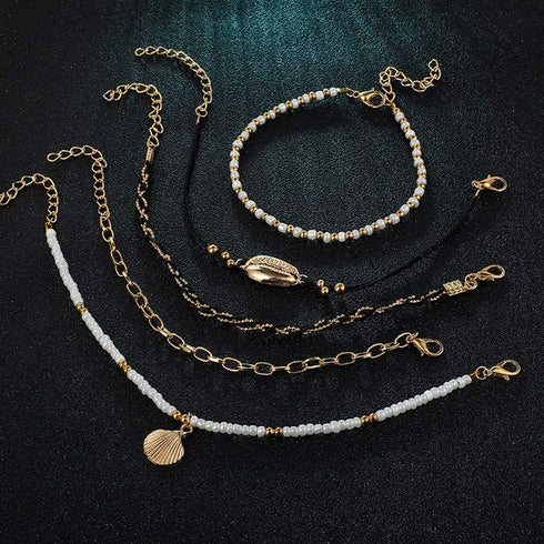 Bohemia Shell Charm Pendant Anklet Set 5Pcs Black Leather Chain Braided String Pearl Beaded Ankle Bracelet Boho Beach Jewelry for Women...