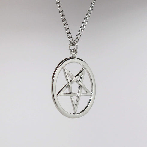 Inverted Pentacle Pentagram Satanic Polished Silver Finish Pendant Necklace...