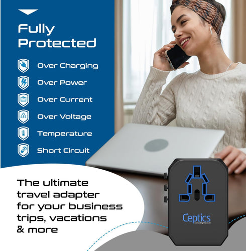 Ceptics Universal Travel Plug Adapter - Powerful 33W with PD & QC 3.0 USB-C Fast Charging - 2 USB Ports Wall Charger Type I C G A Outlets 110V 220...