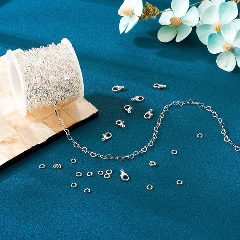 Pandahall 15.7-16.4 Feet Silver Heart Link Chains 5x3.5x0.4mm Soldered Brass Love Heart Cable Chains Spool with 20Pcs Lobster Claw Clasps 30Pcs Ju...