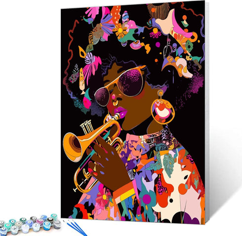 African Lady Black Girl Oil Painting Musical Performance Paint by Number Kits 16 x 20 inch Canvas DIY American African Paintwork for Kids Adults B...