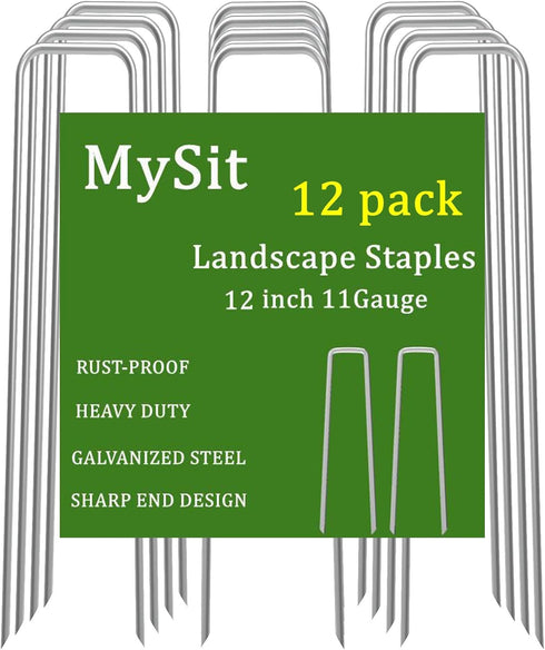 MySit 12" Garden Stakes Pins Landscape Staples 11Ga Tent Stakes 12 Pack, Heavy Duty Galvanized Steel Metal Yard Stakes Ground Lawn Staples Fence A...