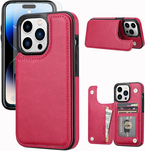 Compatible with iPhone 14 Pro Max 6.7” Wallet Case +1 Screen Protector, Slim Protective case with Card Holder, PU Leather Kickstand Card Slots Cas...