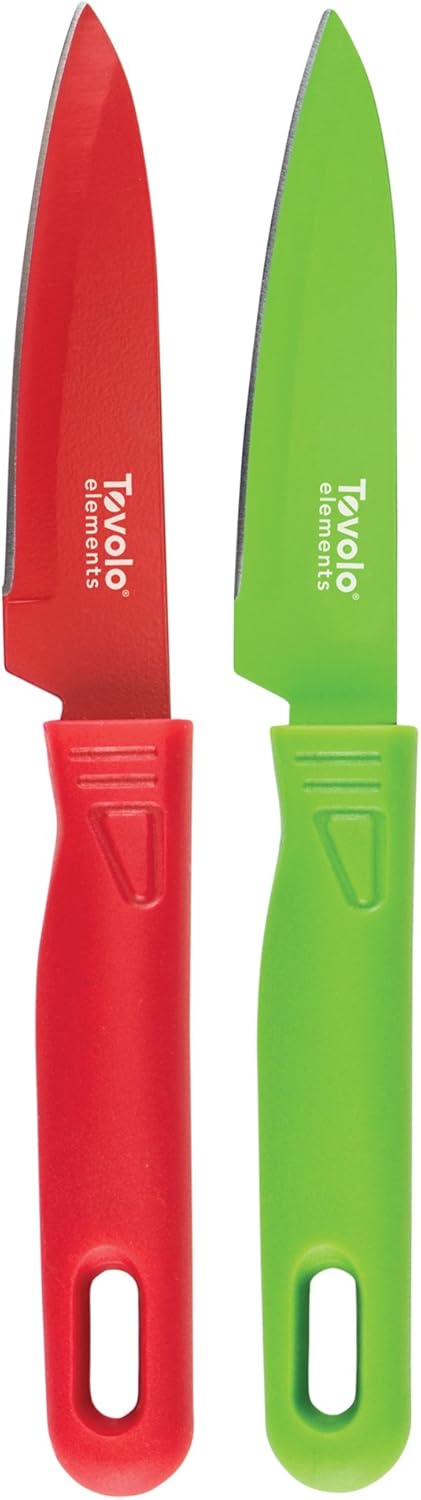 Tovolo 8", Set of 2 Paring Protective Blade Covers, Stainless Steel Kitchen Knives with Comfort-Grip Handles for Cutting & Slicing, Large, Chili P...