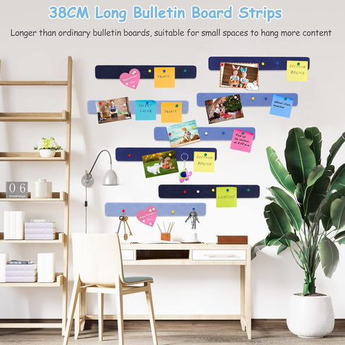 8 Pack Felt Pin Board Bar Strips, 15inch Bulletin Board Bar Strips Self-Adhesive Cork Board for Wall Office Decor with 35 Push Pins(Blue)...