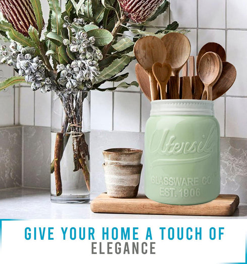 Comfify Wide Mouth Mason Jar Utensil Holder Decorative Kitchenware Organizer Crock, Dishwasher Safe - Kitchen Caddy Green, Large Size 7" Hight...