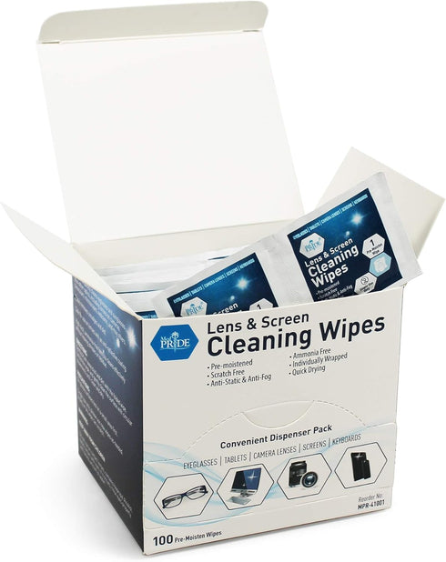 MED PRIDE Premoistened Lens Wipes | Anti-Static, Anti-Fog, Quick-Dry & Scratch-Free| 100 Cleaning Cloths for LED Touch Screen, iPhones, iPads, Com...