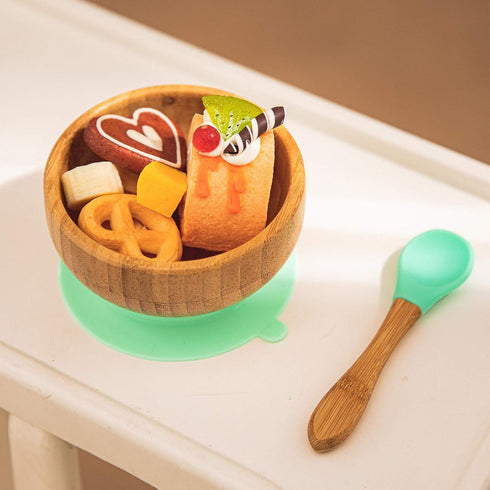 Baby Bowls and Spoons, Baby Bamboo Bowl and Spoon | Silicone Suction | Bamboo Baby Bowls for Baby | Baby Bowls First Stage | Baby Wood Bowls (Cyan...