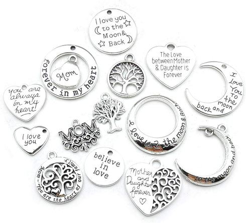 Family Mom Words Charm Collection-32 PCS Craft Supplies Heart Moon Love Words Mother's Day Charms Pendants for Jewelry Making Crafting Findings Ac...