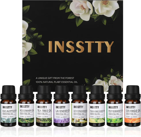 Essential Oils by INSSTTY 100% Pure Oils kit- Top 8 Aromatherapy Oils Gift Set-8 Pack, 10ML(Eucalyptus, Lavender, Lemon Grass, Orange, Peppermint,...