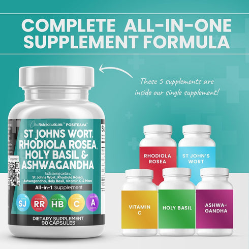 Clean Nutraceuticals St Johns Wort 10000mg Rhodiola Rosea 20000mg Holy Basil 3000mg Ashwagandha 6000mg - Mood Support for Women and Men with Vitam...