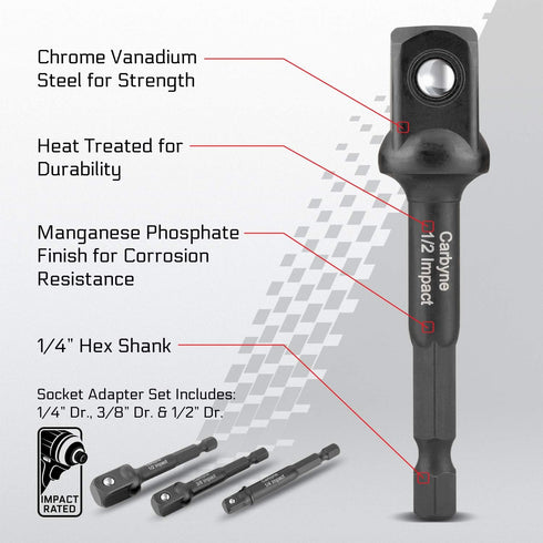 CARBYNE Impact Grade Socket Adapter Set, 3” Extension Bits | 3 Piece Set 1/4”, 3/8” and 1/2” Drive. Adapt Your Drill Driver to a High Torque Impac...