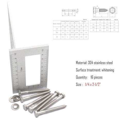 16pcs Hex Head Lag Screws, 1/4" x 2-1/2" Hexagon Head Wood Screws (Partially Threaded), 304 Stainless Steel Lag Bolts, Silvery...