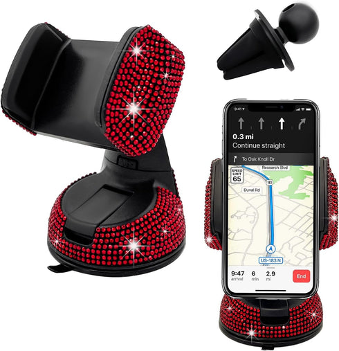 Bling Car Phone Holder, 360 Degree Adjustable Crystal Auto Dashboard Air Vent Cell Phone Mount, Universal Car Phone Holder Mount for Windshield Da...