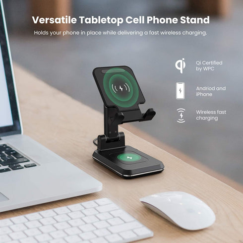 2 in 1 Wireless Charger, Dual Wireless Charging Desk Phone Stand,10W Qi Fast-Charging Foldable Tablet Stand for iPhone 12/11/MAX/XS/XR/X/8,AirPods...