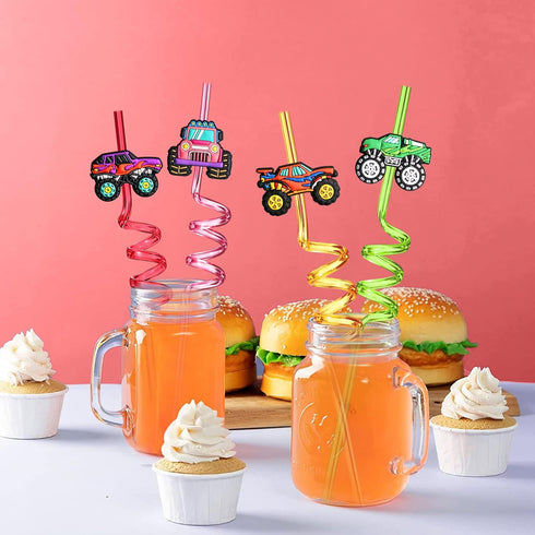 24 Monster Truck Party Favors Reusable Trucks Big Cars Plastic Straws for Monster Trucks Birthday Party Supplies with 2 Cleaning Brushes...