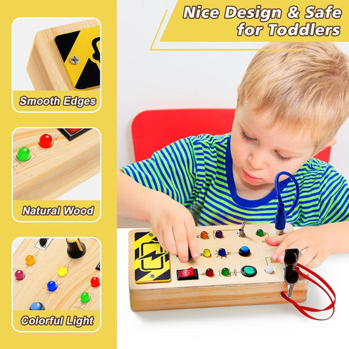 Montessori Busy Board with 8 LED Light Switches, Travel Toys for Toddlers 1 2 3 Year Old, Wooden Sensory Toy for Kids Boys Girls Gifts, Toddlers A...