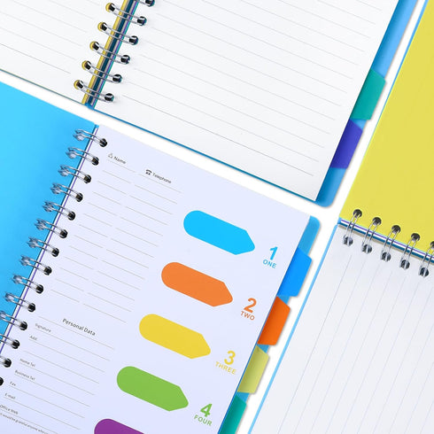Kesoto A5 Lined Notebook with Multicolored Pen Wire Spiral Subject Notebook Journal with 5 Divider Tabs & 6 Color Retractable Ballpoint Pen, 240 P...