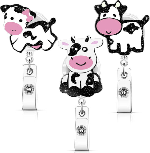 3 Pieces Cow Badge Reel Retractable Badge Reels Cute Name Badge Holder with Swivel Clip Funny Nurse Badge Reel for Office School Worker Doctor Nur...