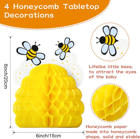 4 Pieces Honey Bee Centerpieces Honeycomb Decorations Yellow Bee Honeycomb Table Centerpieces with Sunflower Stickers for Bee Day Gender Reveal Bi...