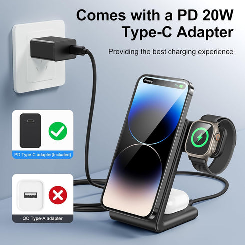 3 in 1 Magnetic Wireless Charging Station, Wireless Charger for Magsafe with PD 20W Adapter for iPhone 15 14 13 12/Pro/Pro Max/Plus/Mini, Apple Wa...