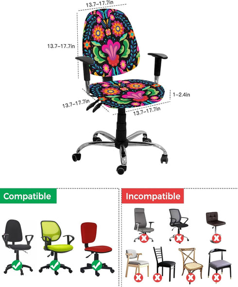 Colorful Floral Mexican Pattern Office Chair Cover Stretchable Computer Chair Seat Cover Backrest Slipcovers, Mexico Ethnic Black Abstract Art Str...