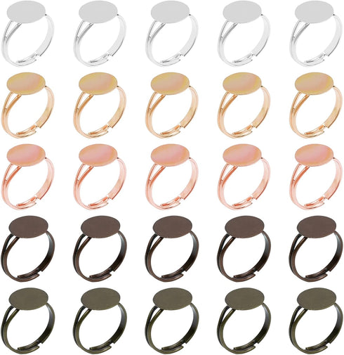 SUMERSHA 50pcs Blank Rings Adjustable Flat 12mm Base Rings Blank Jewelry Findings Components for Making DIY Crafts, 5 Colors...