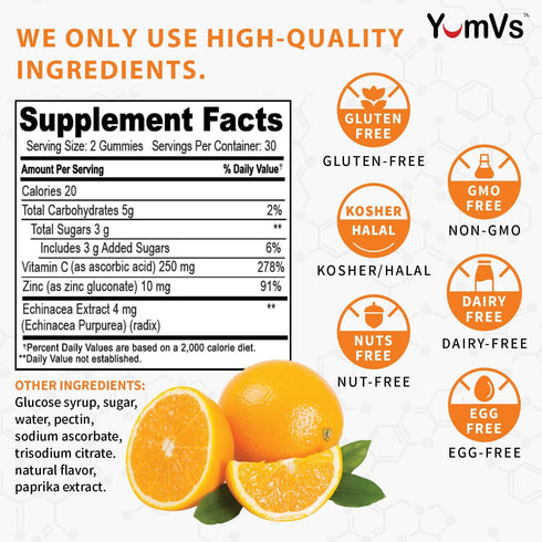 Zinc Vitamin C and Echinacea Gummies for Adults and Kids by YumVs | Chewable Gummy - Vegetarian, Halal, Kosher | Orange Flavor - 60 Count...