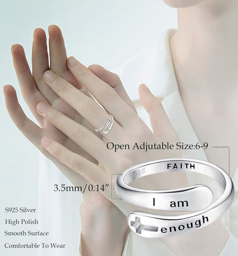 FIASASO Rings for Women 925 Sterling Silver Adjustable Faith Christian Cross - Encouragement Statement Jewelry, Dainty & Elegant Designs, Comforta...