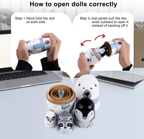 Yoption 5Pcs Russian Matryoshka Dolls Handmade Wooden Polar Bear Penguin Nesting Dolls Set for Kids Christmas Birthday Toy Gift (Polar Bear)...