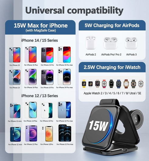 3 in 1 Charging Station for Apple Devices 20W Foldable Mag-Safe Charger for Travel Wireless Charger Pad for iPhone 15 14 13 12 Pro/Pro Max/Plus/Mi...
