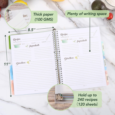 Recipe Book to Write in Your Own Recipes, 8.5" x 11" Personal Blank Recipe Notebook, Removable Hardcover Recipe Journal Book Binder with 8 Divider...