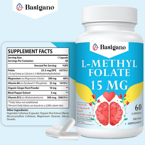 15mg L Methylfolate (5-MTHF)- Active Folic Acid-Enriched with Vitamins B6 and B12-60 Vegetarian Capsules - Non-GMO, Gluten-Free...
